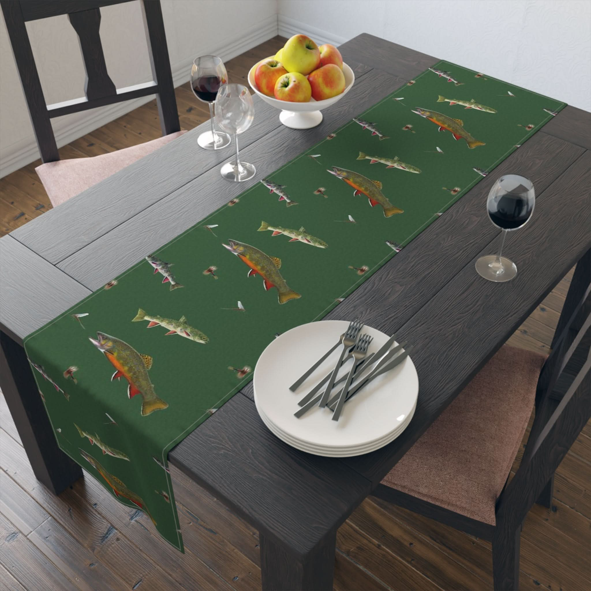 Brook Trout & Flies Cotton Table Runner