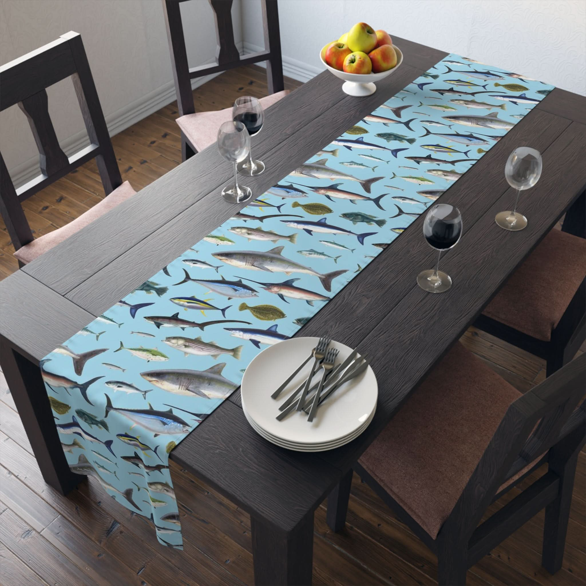 NE Fish Blue Cotton Table Runner