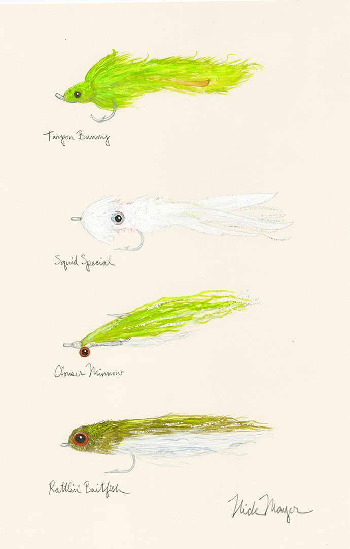 4 Streamer Flies Original Watercolor Painting