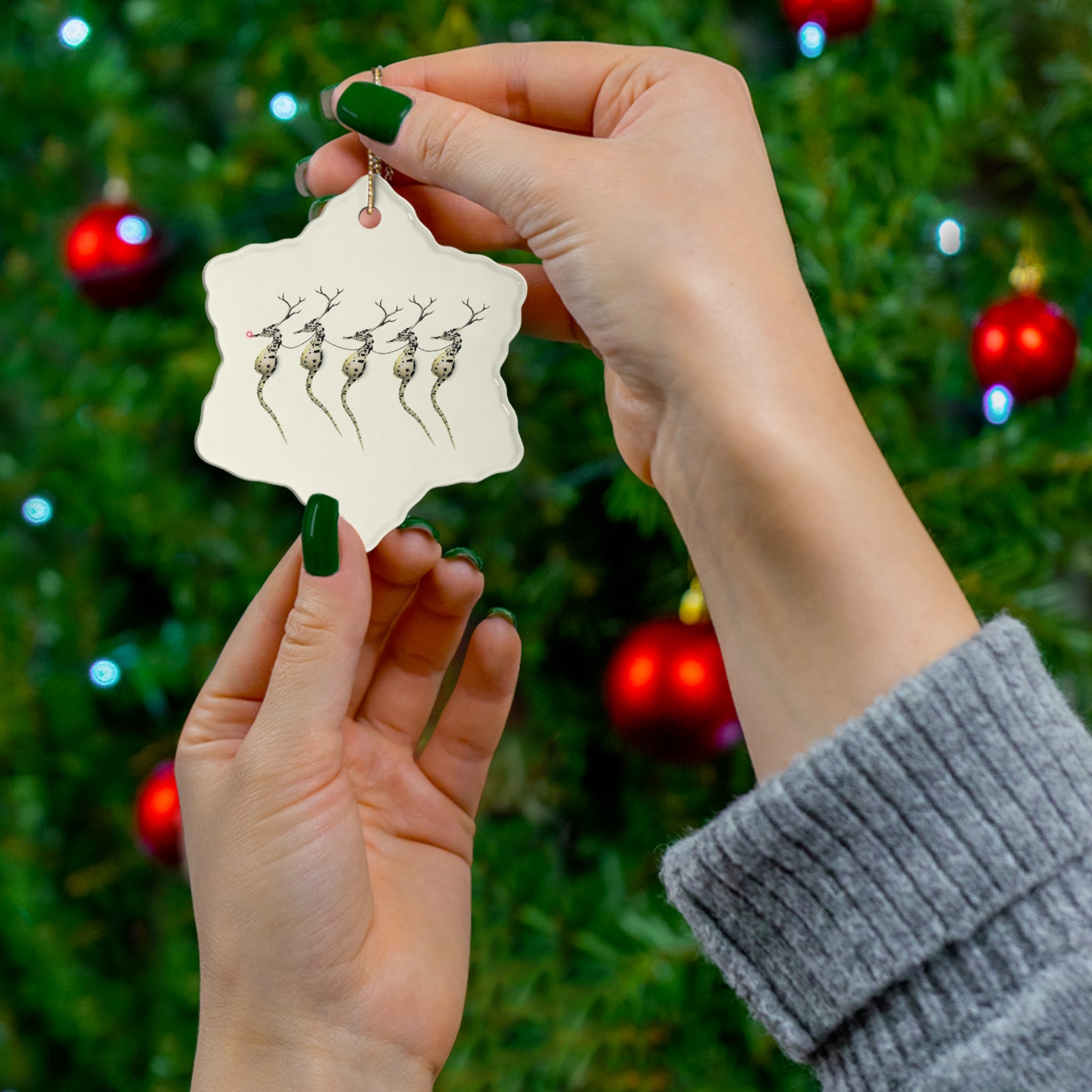 Santa's Seahorses Ceramic Ornament