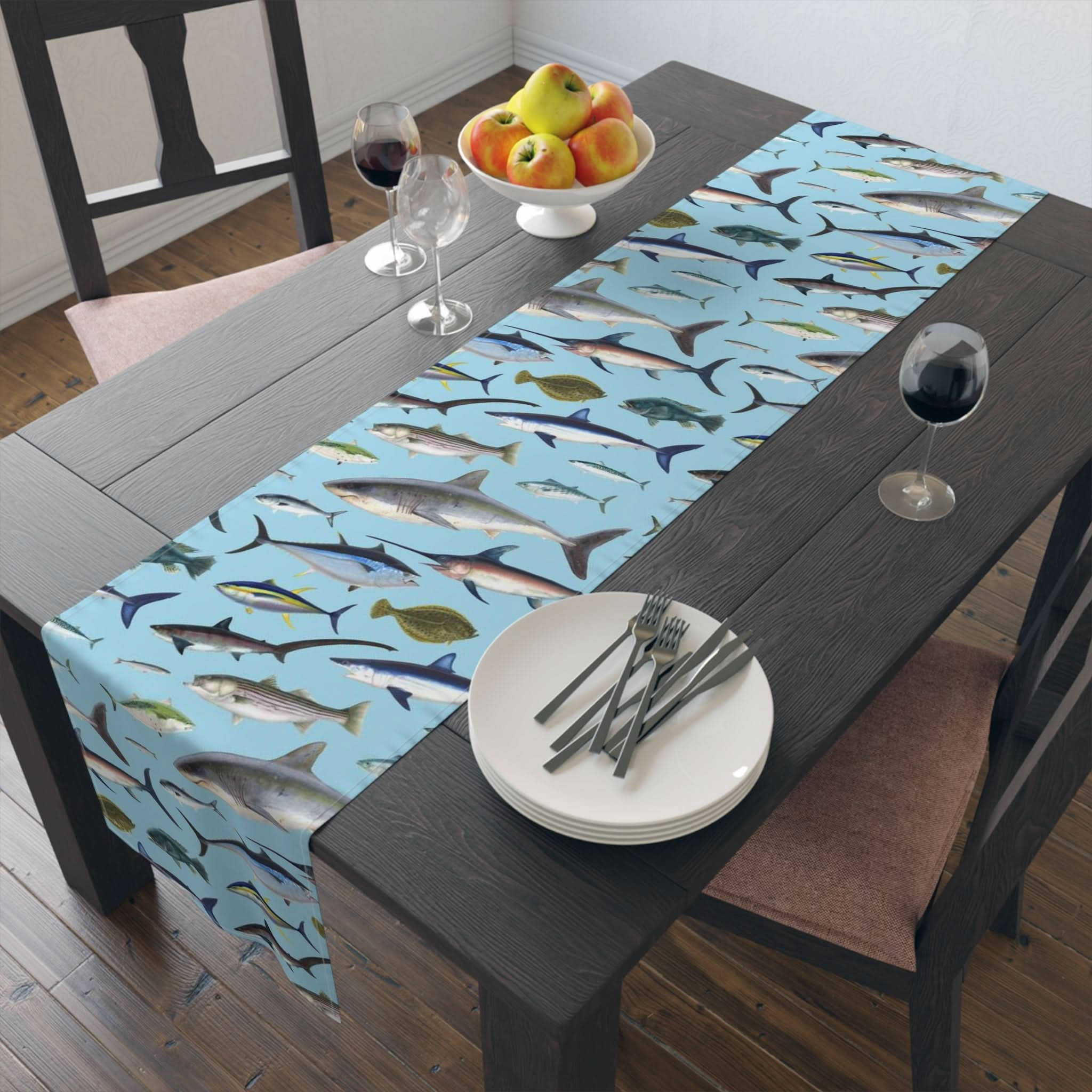 NE Fish Blue Cotton Table Runner