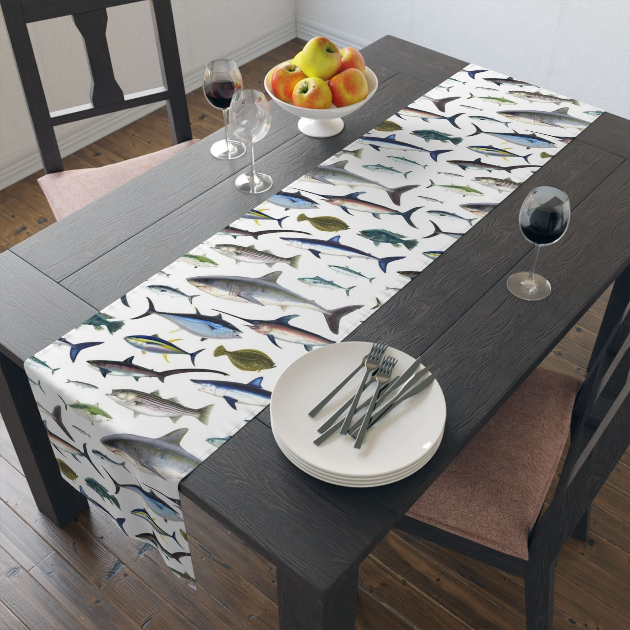 NE Fish White Cotton Table Runner