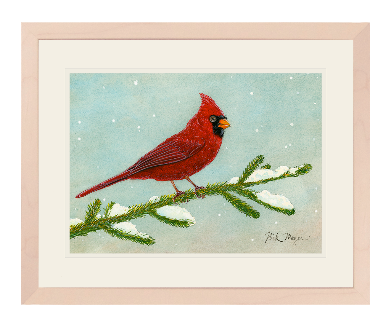 SNOWY CARDINAL: 11" x 14" FRAMED IN WHITEWASHED WOOD, 1 AVAILABLE, SHIPS MONDAY 12/18/23!