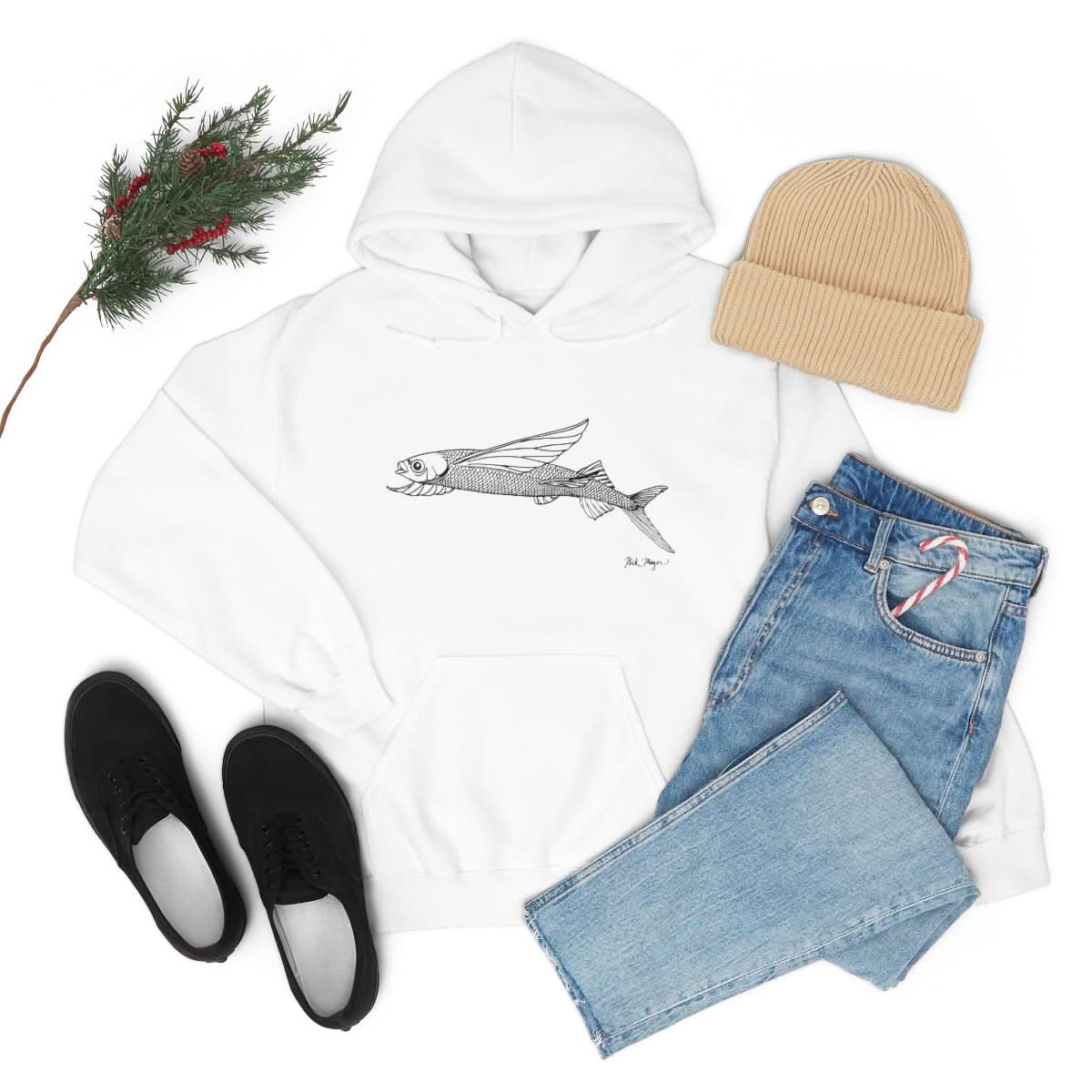 Flying Fish Drawing Warm Hoodie