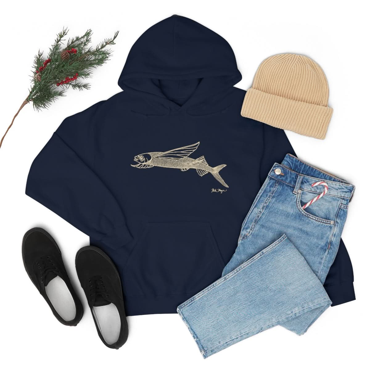 Flying Fish Drawing Warm Hoodie